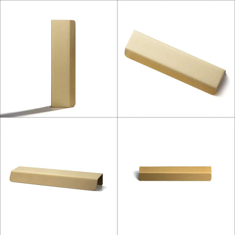Top Shelf Pure Brass Finger Pulls With Brushed Matte Finish Hella Slim Modern Cabinet Handles Five Inch Center To Center Six Pack from various angles