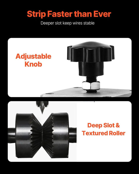 Adjustable knob and textured roller of the Manual Wire Stripping Machine For Copper 0.06-1.5 Inch Strips with Hand Crank or Drill.