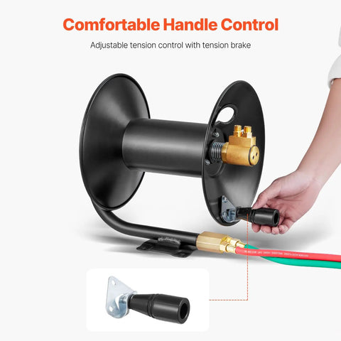Heavy Duty Welding Hose Reel With Hand Crank Rewind Three Foot Lead In Hose And 9/16-18 BF Fittings rugged steel reel