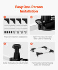 Step-by-step installation guide for Adjustable Mini Fridge Stand 27.5-35.4 Inches Tall mobile base with parts and setup instructions.