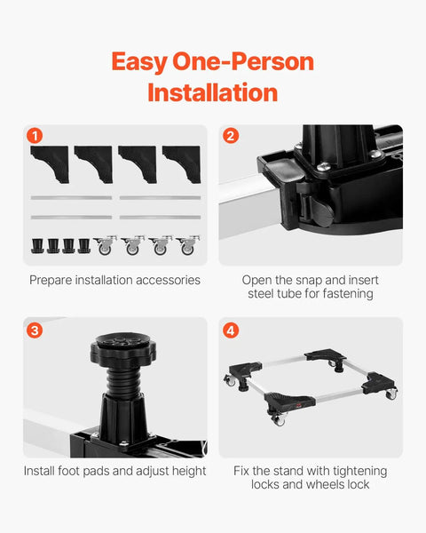 Step-by-step installation guide for Adjustable Mini Fridge Stand 27.5-35.4 Inches Tall mobile base with parts and setup instructions.