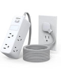 Badass Us Plug Ac Outlet Multitap Power Strip With Five Ft Extension Cord and Heavy Duty Surge Protector plugged into wall.