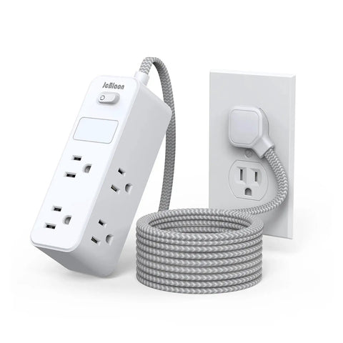 Badass Us Plug Ac Outlet Multitap Power Strip With Five Ft Extension Cord and Heavy Duty Surge Protector plugged into wall.