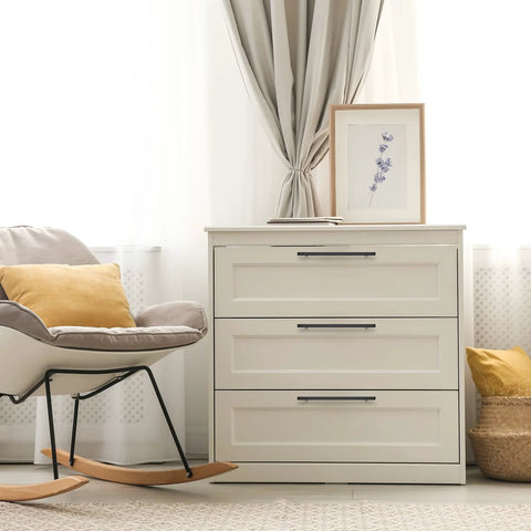 Modern dresser with Matte Black 10 Inch Square Cabinet Pulls, 5 Pack, in a cozy living room setting.