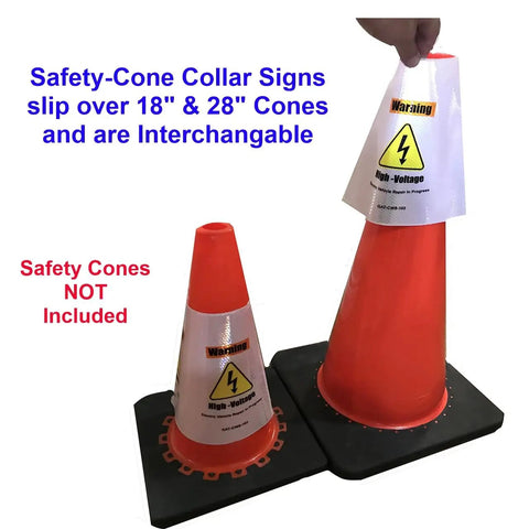 Heavy Duty Reflective Safety Cone Collar Kit For Electric Vehicle Repair Warnings High Voltage Ev Battery Hazard Alerts And Garage Shop Essentials 3 Pack, shown on 18" and 28" cones.