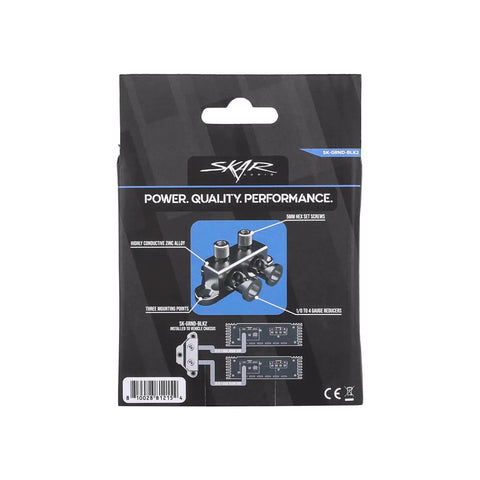 Beefy Ground Termination Block With Highly Conductive Zinc Alloy Three Mounting Points Two Five Millimeter Hex Set Screws And Two Reducers From One Zero To Four Gauge For Auto Audio System Wiring, packaged