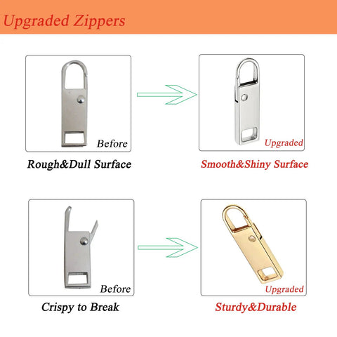 Comparison of 12 Pack Zipper Pull Tabs Replacement Set showing before and after upgrade in durability and finish.