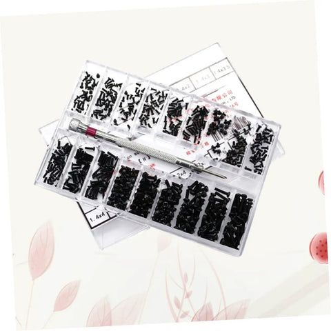 18 Piece Miniature Screw Assortment Kit With Flat Head And Countersunk Tiny Machine Screws In A Handy Portable Storage Box For Repair Jobs Ideal For DIYers And Pros Alike visible in transparent box