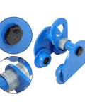 Close-up of Beefed-Up 1 Ton Dual-Wheel I-Beam Trolley With Adjustable Width, showcasing blue steel structure and components.