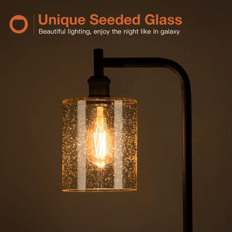 Modern Black Floor Lamp With Seeded Glass Shade Dope Bright LED Bulbs Industrial Tall Pole Standing Lamp close-up of glass shade