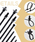180 Piece Nylon Universal Cable Tie Buckle Set With Push Mount Zip Ties And Wire Loom Routing Clips details close-up