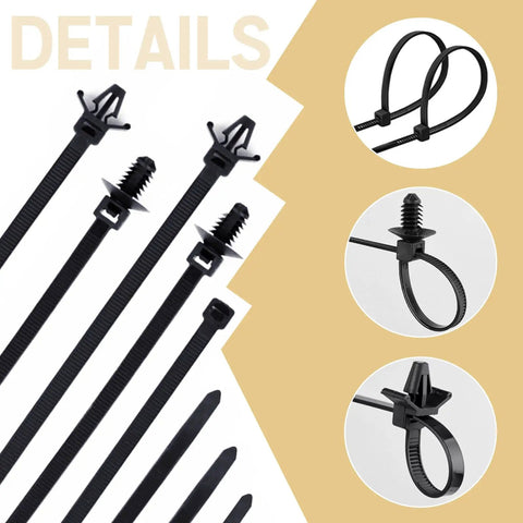 180 Piece Nylon Universal Cable Tie Buckle Set With Push Mount Zip Ties And Wire Loom Routing Clips details close-up