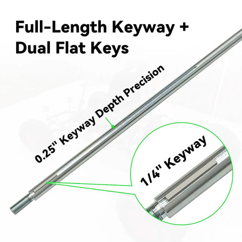 36 Inch Rear Axle Shaft Kit For Go Karts And Off Road Vehicles With One Quarter Inch Keyway And Three Quarter Inch To Sixteen Fine Thread Universal Fit For Manco Murray Yerf Dog And Similar Go Karts ATVs Dune Buggies Beefed Up, showing full-length keyway and dual flat keys.