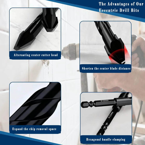 Larouoba 10pc 1/4 in black ceramic tile drill bit set; collage with cutter-head close-ups and hex handle.