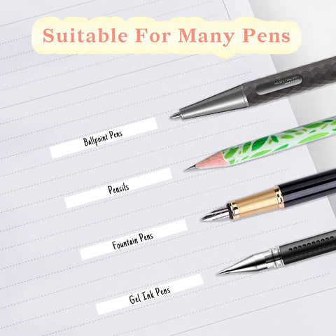 Four types of pens on paper, labeled Ballpoint, Pencil, Fountain, Gel Ink, for Six Pack Mini White Correction Tapes For Quick Corrections