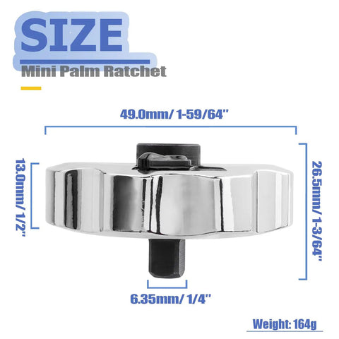 Three In One Palm Ratchet One Quarter Inch Drive Finger Ratchet Reversible Thumbwheel Wrench dimensions displayed with polished chrome finish.