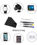 All In One Eyeglass Repair Kit With Anti Slip Nose Pad Replacement And Glasses Screws, Includes Precision Screwdrivers, Tweezers, Cleaning Cloth, and compatible devices like watches, cameras, laptops, phones, tablets, and outlets displayed.