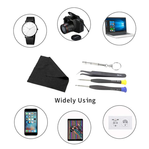 All In One Eyeglass Repair Kit With Anti Slip Nose Pad Replacement And Glasses Screws, Includes Precision Screwdrivers, Tweezers, Cleaning Cloth, and compatible devices like watches, cameras, laptops, phones, tablets, and outlets displayed.