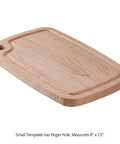 Wooden cutting board with juice groove and finger hole, measures 8 x 13 inches