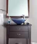 Dark Blue Frosted Glass Vessel Sink Square Above Counter Style For A Slick Modern Bath Upgrade 18.25 Inch Long By 5.75 Inch Tall 1.75 Inch Drain Opening Tempered Glass Scratch Resistant Nonporous Standard US Plumbing on vanity with mirror