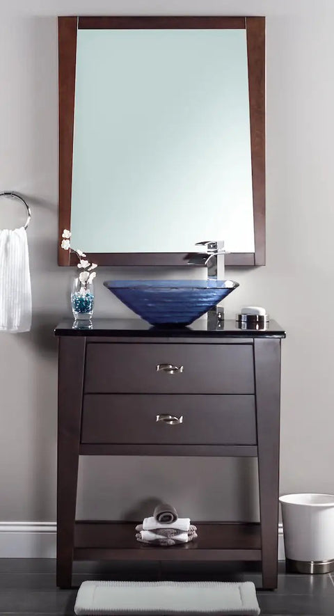 Dark Blue Frosted Glass Vessel Sink Square Above Counter Style For A Slick Modern Bath Upgrade 18.25 Inch Long By 5.75 Inch Tall 1.75 Inch Drain Opening Tempered Glass Scratch Resistant Nonporous Standard US Plumbing on vanity with mirror