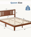 Heavy Duty Solid Pine Queen Platform Bed Frame With Stylish Headboard Thick Wood Slat Support front view with dimensions