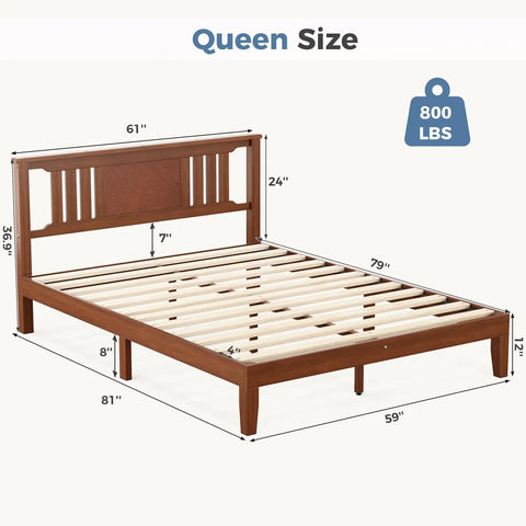 Heavy Duty Solid Pine Queen Platform Bed Frame With Stylish Headboard Thick Wood Slat Support front view with dimensions