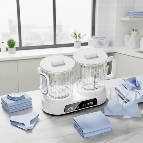 Game Changing 2 In 1 Portable Washing Machine Dual Tub Wireless Mini Washer showing two clear tubs, stacked clothes, and delicates.