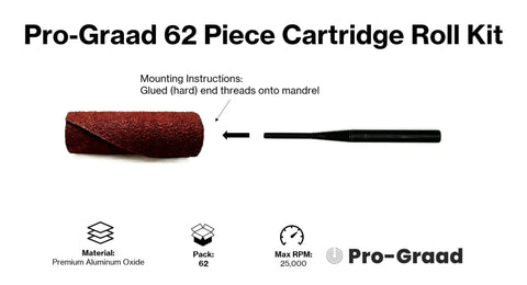 62 Piece Abrasive Spiral Roll Sander Kit With Cone And Cylinder Shapes, shown with mounting instructions for die grinder use.