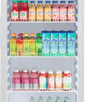 Massive Hella Spacious 20 Cu Ft Upright Freezer With Clear Glass Door And Kickin Led Internal Lighting Rock Solid Five Tier Glass Shelves Brushed Steel Look sleek upright freezer displaying an assortment of beverages.