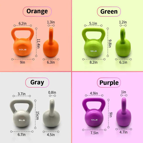 10 Lb Vinyl Coated Kettlebell With Comfortable Wide Grip Handle For Home Gym Strength Training in purple, dimensions shown