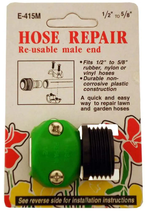 No Fuss Reusable Hose Repair Connector Quick Fix For 1/2 To 5/8 Inch Hoses on packaging with installation diagram.