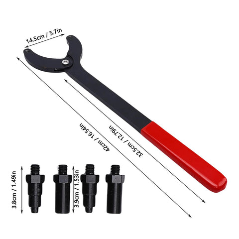 NOENNULL camshaft pulley holder tool with adjustable jaws and red handle; steel construction with four small adapters.