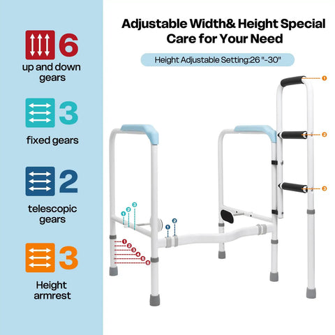 Heavy Duty Aluminum Bathroom Assist Rail Frame For Seniors And Adults. Adjustable height from 26 to 30 inches with six settings.