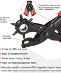 All In One Belt Hole Punch Tool Kit With Multiple Size Grommet Eyelets showcasing punch head and non-slip handle features