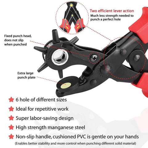 All In One Belt Hole Punch Tool Kit With Multiple Size Grommet Eyelets showcasing punch head and non-slip handle features