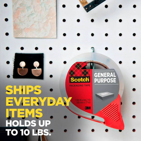 Light Duty Shipping Packaging Tape 1.88 Inch By 54.6 Yard, 6 Roll Pack With Dispenser on pegboard with earrings nearby