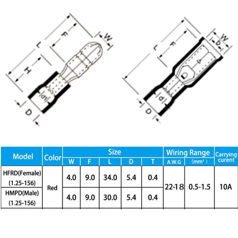 Technical diagram of Heat Shrink Bullet Connectors Kit, 100 pcs male and female electrical bullet terminals, size and wiring details