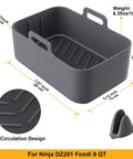 2 Pack Air Fryer Silicone Pots For Foodi Dual DZ201 8Qt And DZ090 6Qt, showing pot dimensions and included silicone mitt.