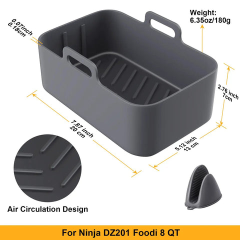 2 Pack Air Fryer Silicone Pots For Foodi Dual DZ201 8Qt And DZ090 6Qt, showing pot dimensions and included silicone mitt.