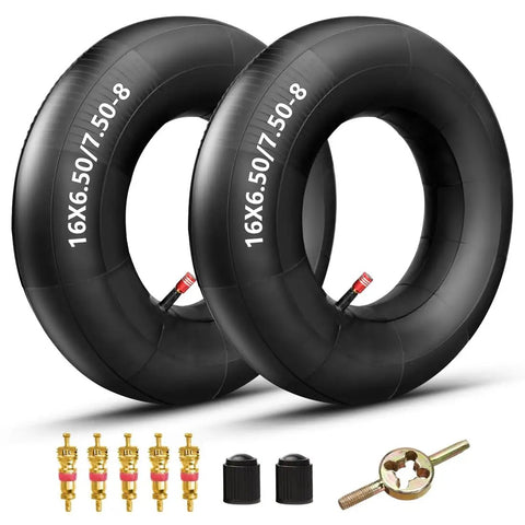 Heavy Duty Inner Tubes For 16x6.50-8 And 16x7.50-8 With Straight Valve Stem, Pack of 2, shown with valve cores and caps