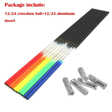 Carbon Crossbow Bolts Set 16 17 18 20 22 Inch Bare Shaft Arrows With Aluminum Insert 8.8mm OD 7.6mm ID For DIY Arrows Crossbow Hunting Green 12 Pack Or 24 Pack Low Hand Shock Straight Flight multicolor shafts with inserts.