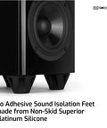 Close-up of subwoofer with Speaker Isolation Feet 8 Pack 1.5 Inch Rubber Pads Non-Adhesive Anti-Vibration Bumpers underneath