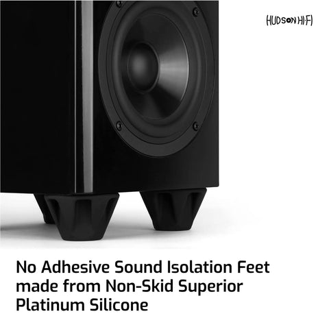 Close-up of subwoofer with Speaker Isolation Feet 8 Pack 1.5 Inch Rubber Pads Non-Adhesive Anti-Vibration Bumpers underneath