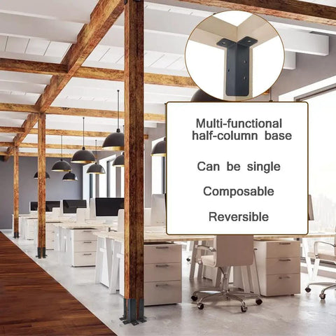 Interior office with wooden beams showing a multi-functional half-column base; labeled single, composable, reversible.