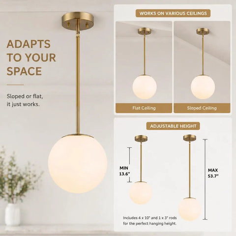 Mid Century Modern 1 Light Pendant Light With White Glass Globe Shade And Gold Finish Brushed Brass Fixture Adjustable Height