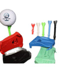 Stable Base Golf Tees for Home Practice and Training All Weather Indoor Outdoor Use Interchangeable Tee Heights for Drivers to Hybrids Quick Install System Durable Practice Aids to Level Up Your Swing, colorful interchangeable units displayed with golf ball.