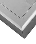 Close-up view of Heavy Duty Pop Up Floor Power Outlet Featuring Double Three Prong Sockets And Brushed Silver Stainless Steel Housing.