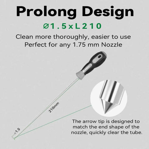 Clog Poke 3D Printer Nozzle Cleaning Kit with 1.5mm arrow tip needle, steel construction, 210mm length, for 1.75mm filament nozzles