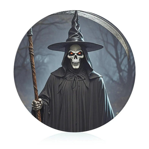 Tempered Glass Cutting Board Round 7.9 Inch with Grim Reaper Design, Multipurpose Chopping Surface Kitchen Prep Board